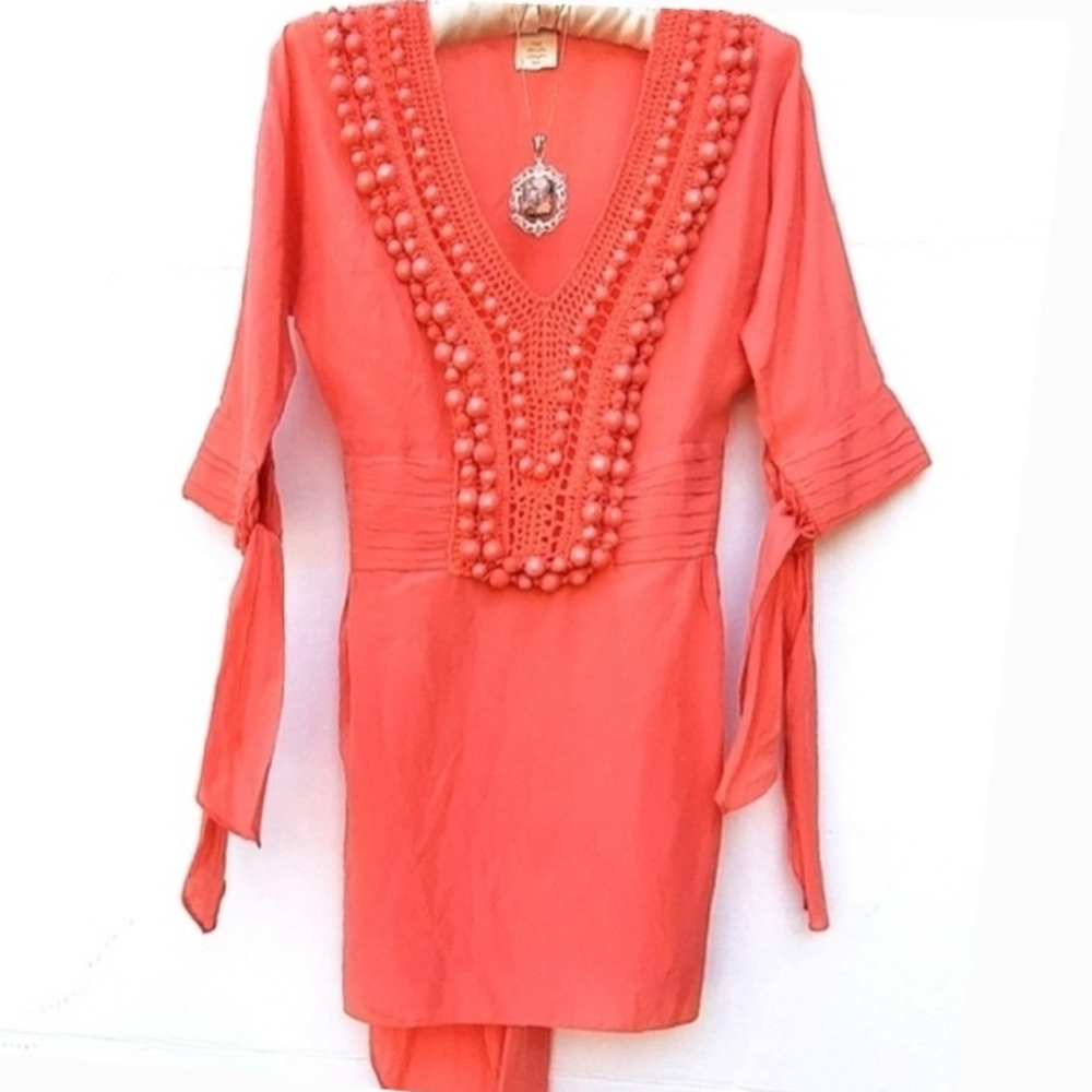 MARCIANO Silk Tie Back, Beaded Crochet Tunic Blouse - Picture 3 of 11